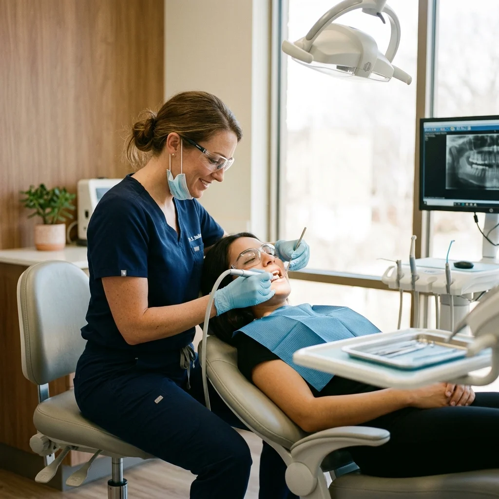 Especialista dental atendiendo paciente